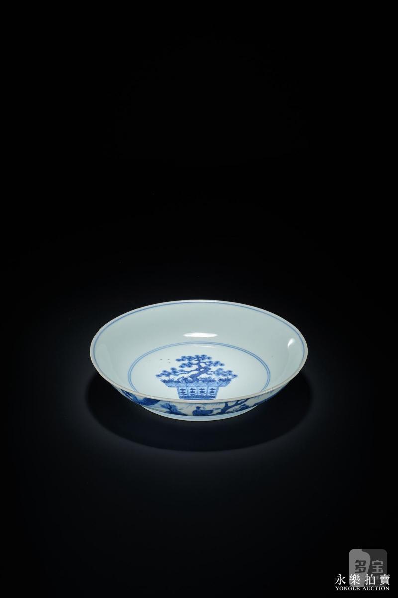 清康熙 青花庭院高士图盘 - 图5